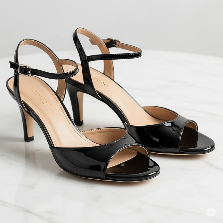 Elegant black patent leather sandals with a delicate ankle strap, perfect for a chic evening look.