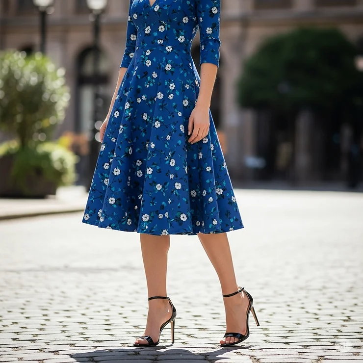 Black patent leather sandals paired with a stylish dress, demonstrating a chic outfit idea.