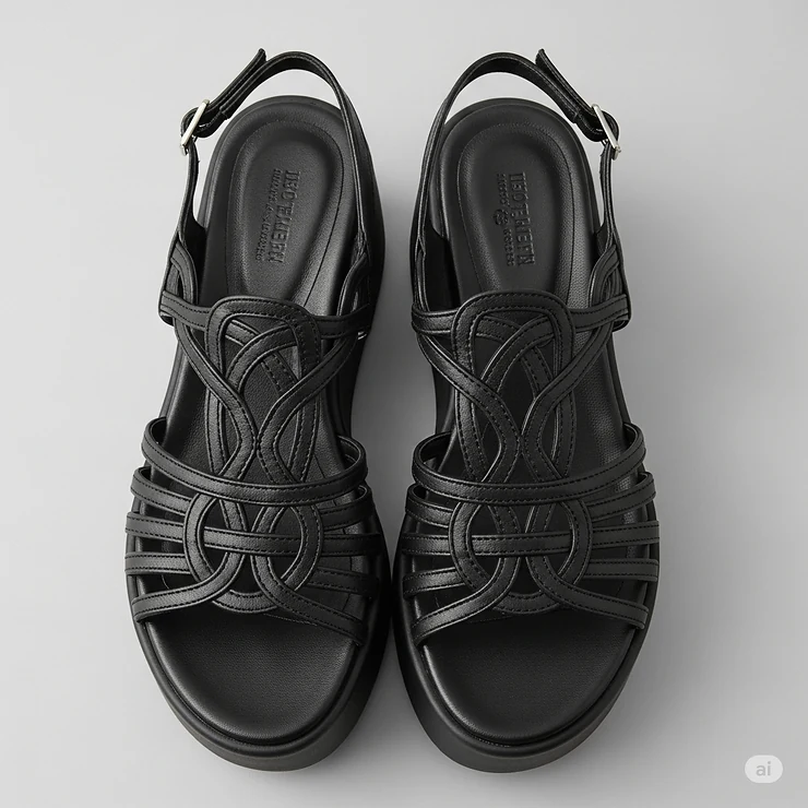 Top-down view highlighting the stylish strap design of these black platform sandals for ladies.
