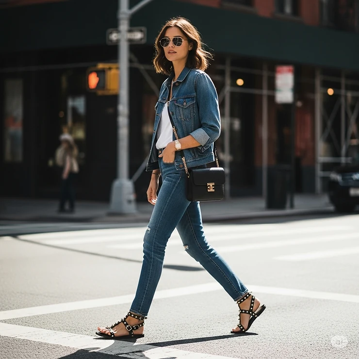 Model wearing black studded sandals paired with a casual denim outfit, showcasing versatile styling.