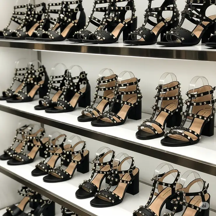 Black studded sandals neatly arranged on a retail display shelf, ready for purchase.