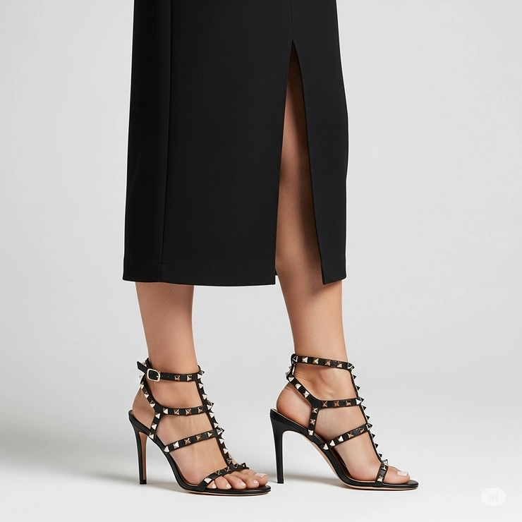 Elegant black studded sandals complementing a chic dress, ideal for evening wear or special occasions.
