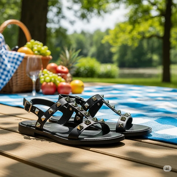 Black studded sandals placed in a relaxed outdoor setting, suggesting comfort and style for summer activities.