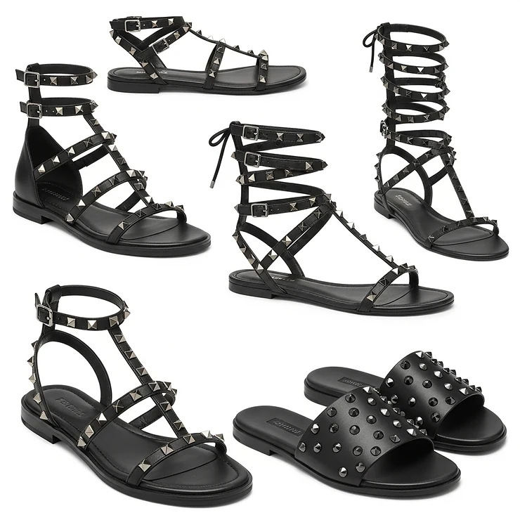 Collection of black studded sandals showcasing diverse strap designs such as ankle, gladiator, and slide styles.