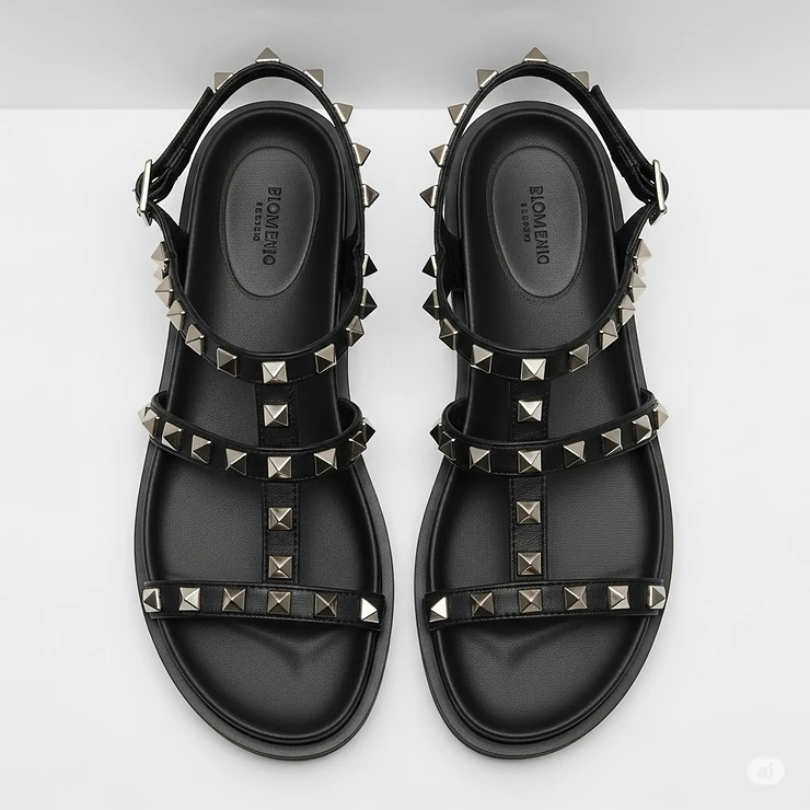 Overhead view of a pair of black studded sandals, highlighting their overall design and stud placement.