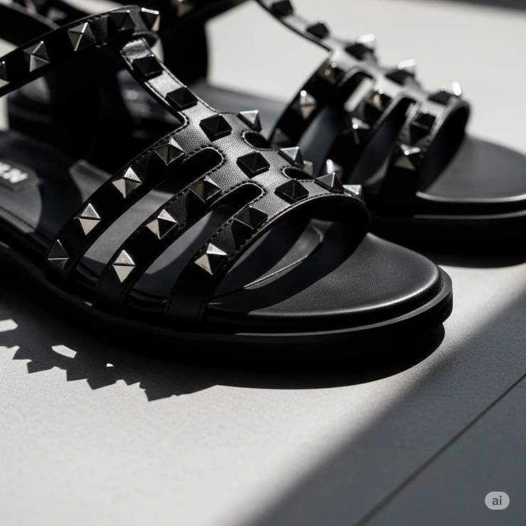 Stylish black studded sandals with ankle strap, perfect for adding an edgy touch to any outfit.