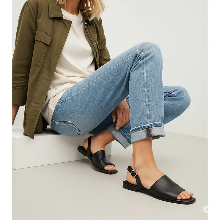 Black flat dress sandals styled with a more casual yet refined outfit, demonstrating their versatility beyond just formal wear.