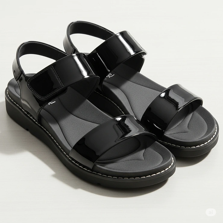 Black patent leather sandals with a cushioned footbed, emphasizing comfort without sacrificing style.