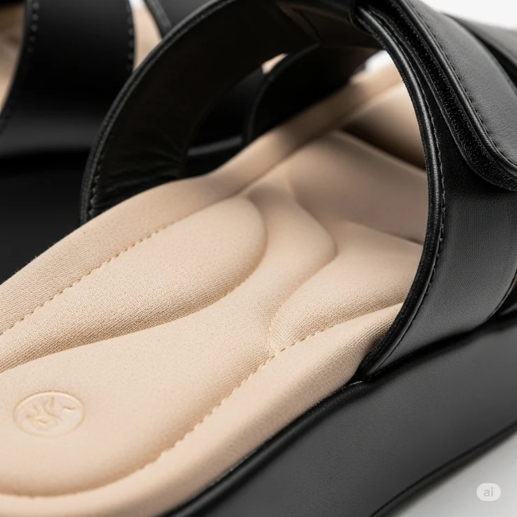 Detail of the cushioned insole for enhanced comfort in these ladies black platform sandals.