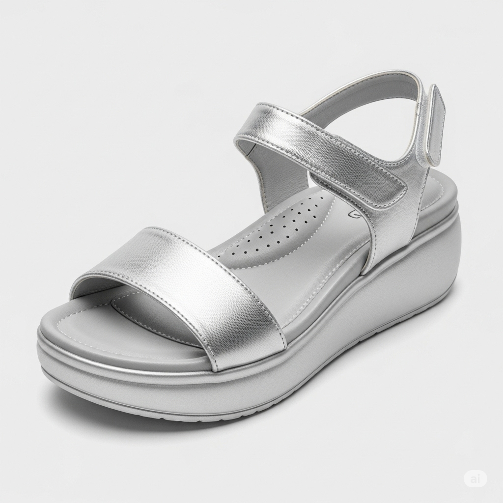 Silver platform sandals featuring a cushioned insole for enhanced comfort, perfect for extended wear.