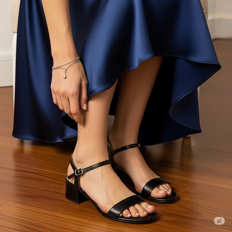 Elegant black low heel sandals complementing a dressy ensemble, suitable for evening events.