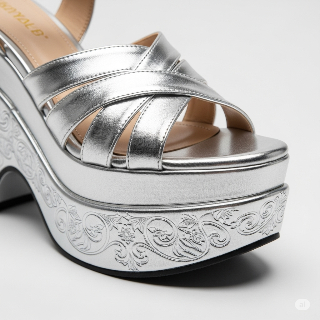 Detail shot highlighting the elevated platform sole of fashionable silver platform sandals, adding height and style.
