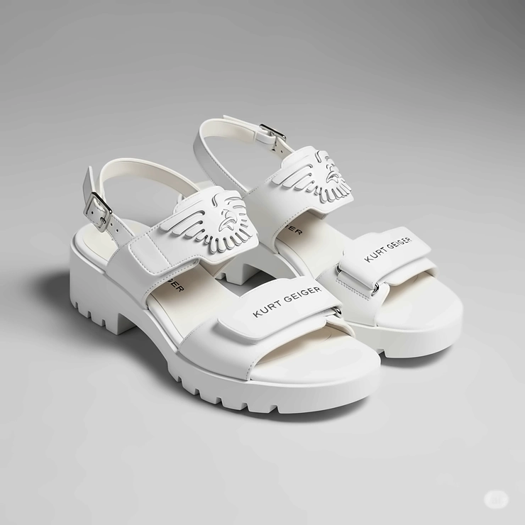 Clean studio product shot of Kurt Geiger Orson white sandals against a neutral background, ideal for e-commerce listings.
