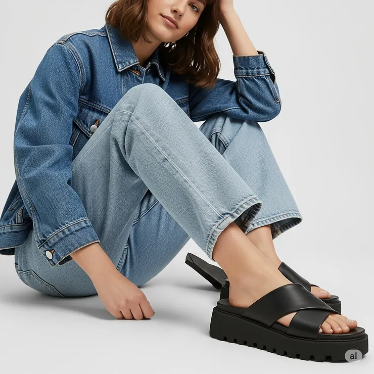 Ladies black platform sandals paired with a casual denim outfit, ideal for everyday wear.