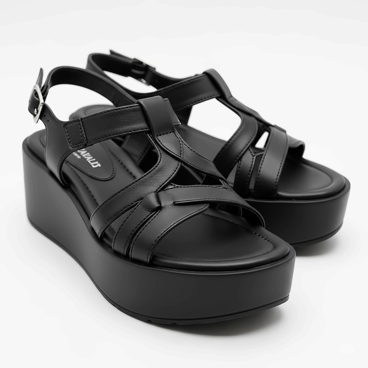 Stylish ladies black platform sandals with ankle strap detail, perfect for a chic summer look.
