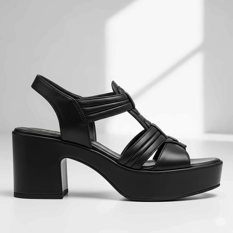 Side profile of elegant ladies black platform sandals, showcasing the comfortable heel height.