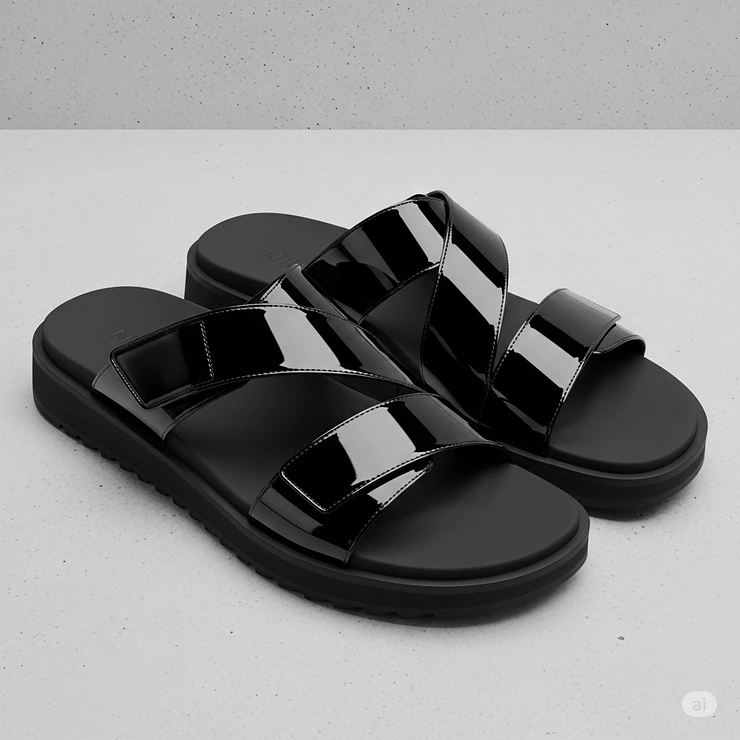 Modern men's black patent leather sandals, offering a unique and polished footwear option.