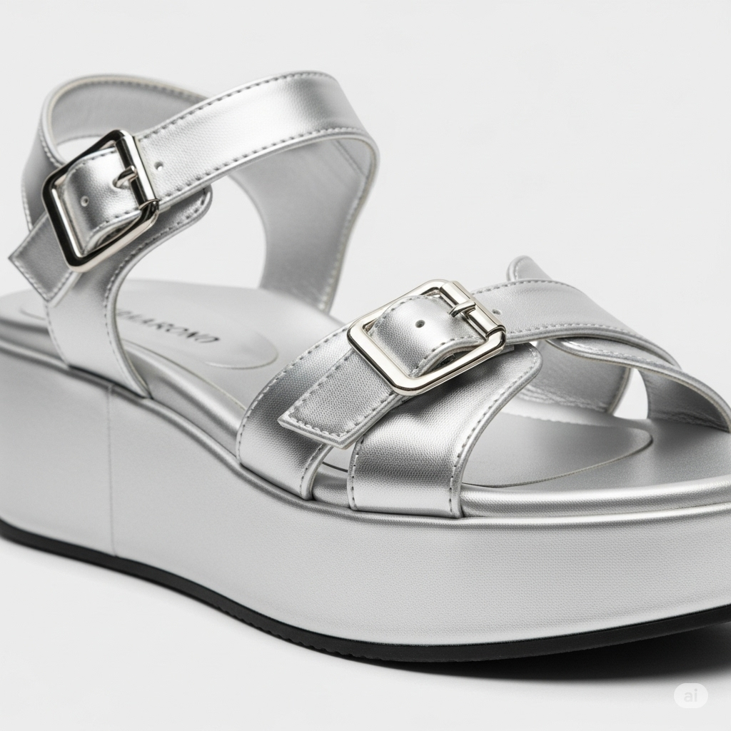 Close-up of the shimmering metallic finish on premium silver platform sandals, reflecting quality craftsmanship.