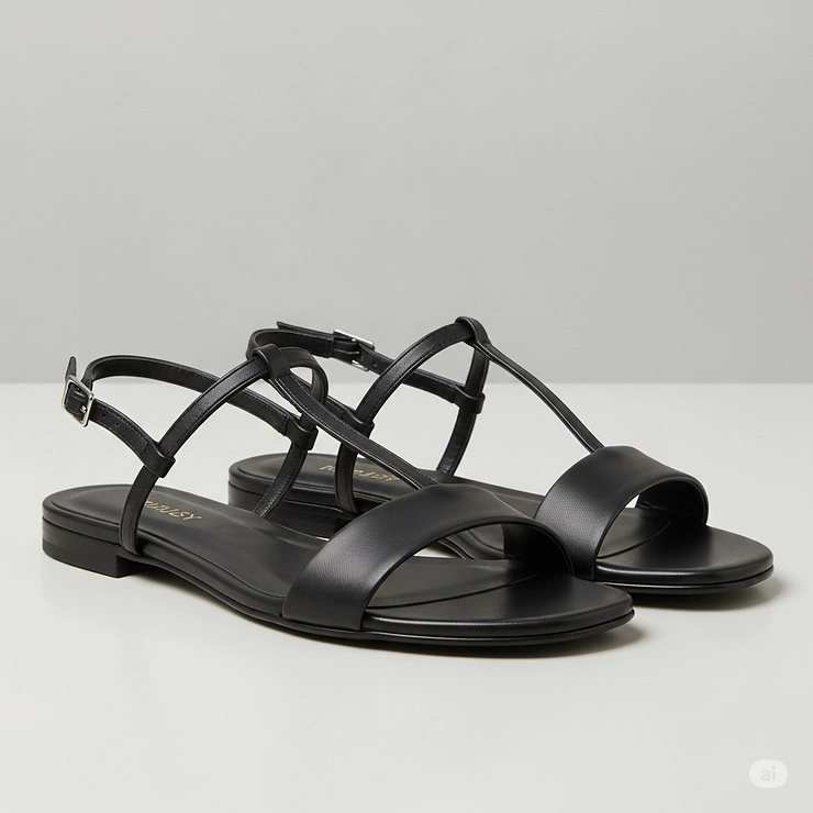 A pair of minimalist black flat dress sandals, featuring a simple yet sophisticated design for understated elegance.