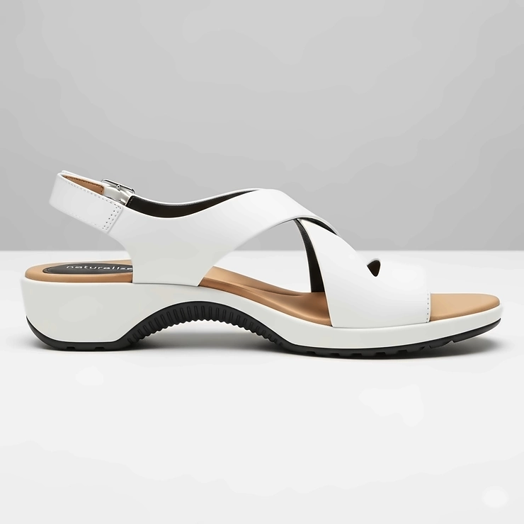 Side profile of Naturalizer white sandals highlighting the signature arch support for all-day comfort.