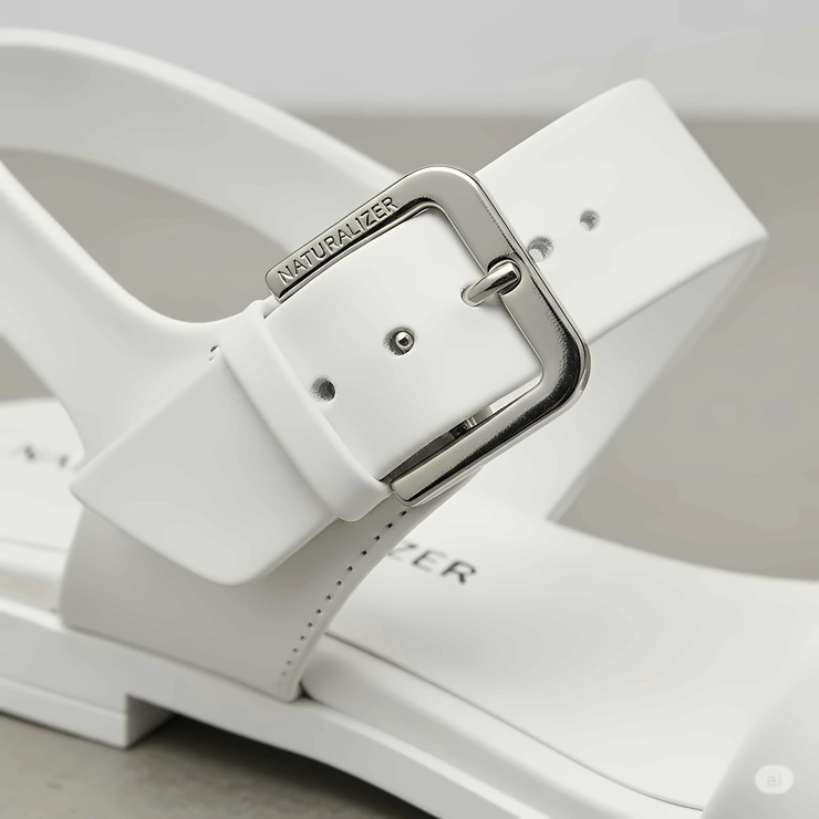Detailed view of the adjustable buckle on Naturalizer white sandals for a secure fit.
