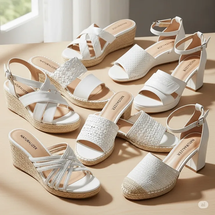 Collection of comfortable and stylish Naturalizer white sandals in various popular designs.