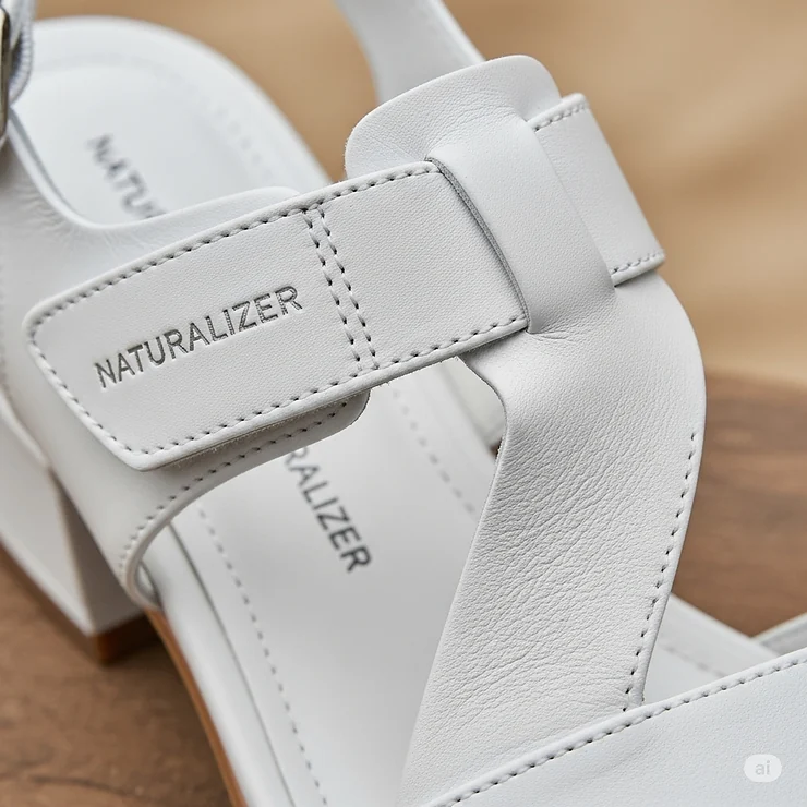 Close-up of the premium white leather on Naturalizer sandals, showcasing the quality craftsmanship.