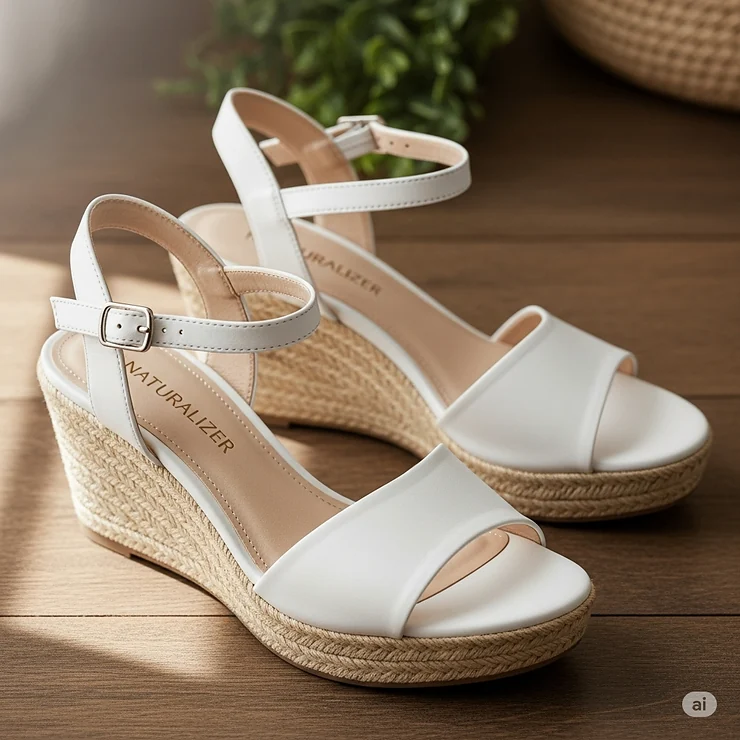 Elegant Naturalizer white wedge sandals, offering a comfortable lift for versatile wear.