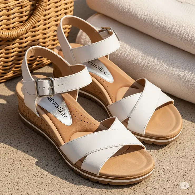 Naturalizer white sandals with comfortable arch support, perfect for summer elegance.
