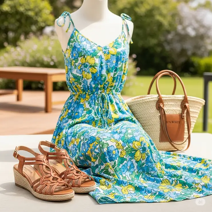 Stylish Ron White sandals paired with a summer dress, offering inspiration for outfit combinations.