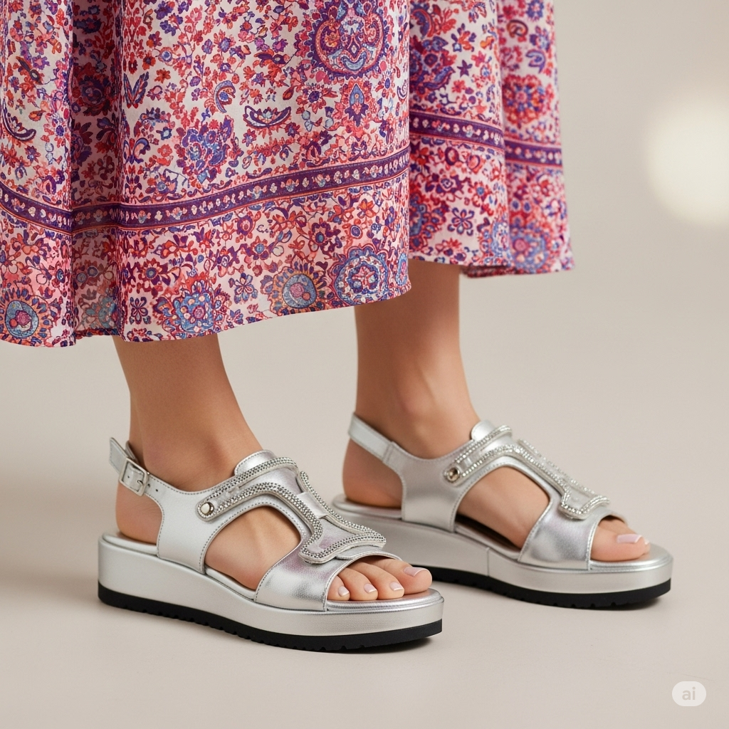 Elegant silver platform sandals paired beautifully with a summer dress, demonstrating versatile styling options.