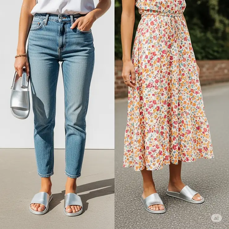 Versatile silver slide sandals paired with jeans and a summer dress, showcasing their adaptability for various outfits.