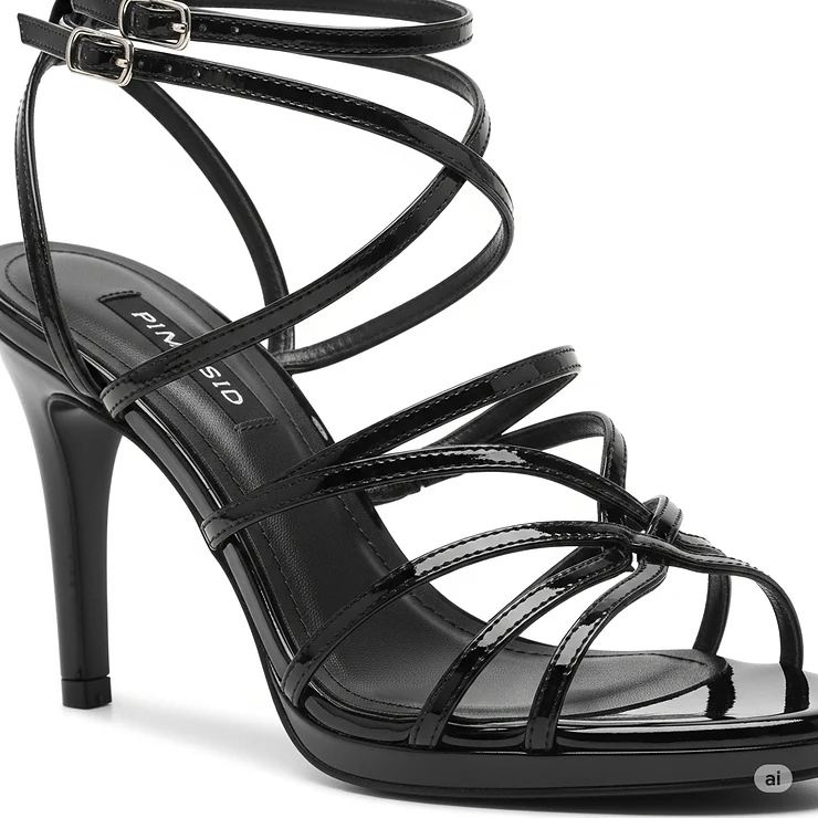 Intricate strappy black patent leather sandals, designed for a secure and fashionable fit.