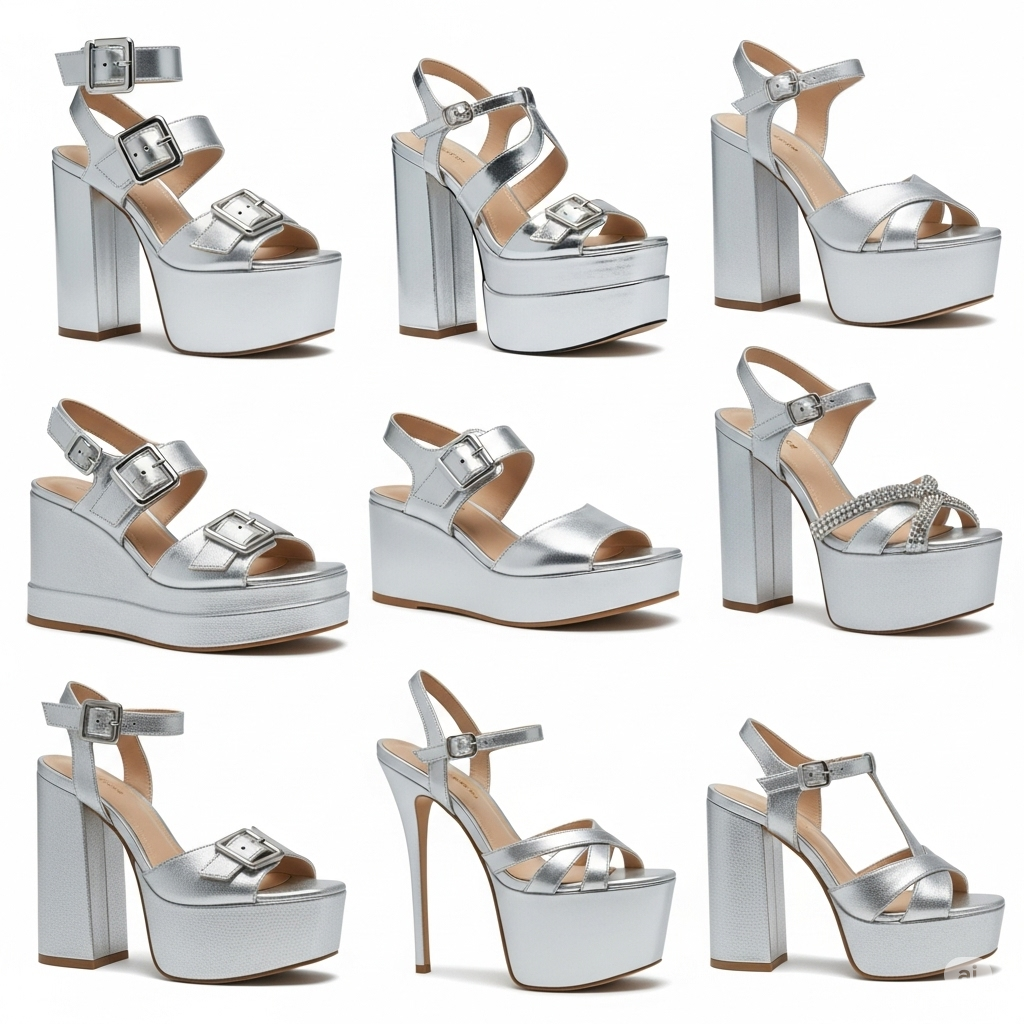 A collection of trendy silver platform sandals, highlighting different styles and designs available for fashion-forward individuals.