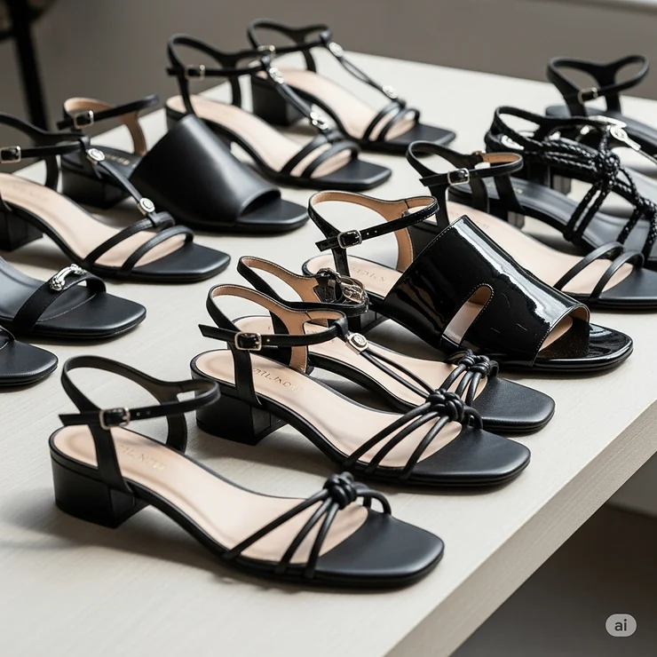 Collection of various black low heel sandal styles, offering a range of designs and comfort options.