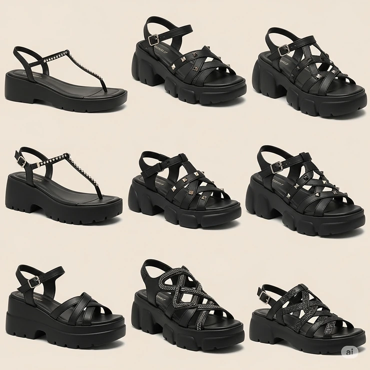 Collection of various styles of ladies black platform sandals, offering diverse design options.