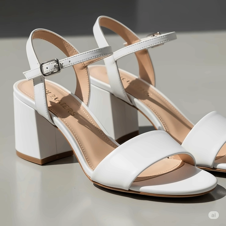 Elegant white block heel sandals, perfect for summer events and comfortable all-day wear.