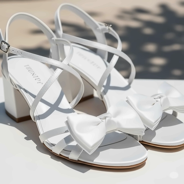 Elegant white bow sandals, perfect for a summer wedding or special occasion, showcasing delicate strap details and a charming satin bow.