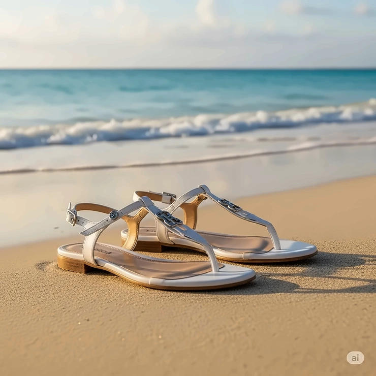 White designer sandals resting on a sandy beach, ideal footwear for a luxurious vacation.