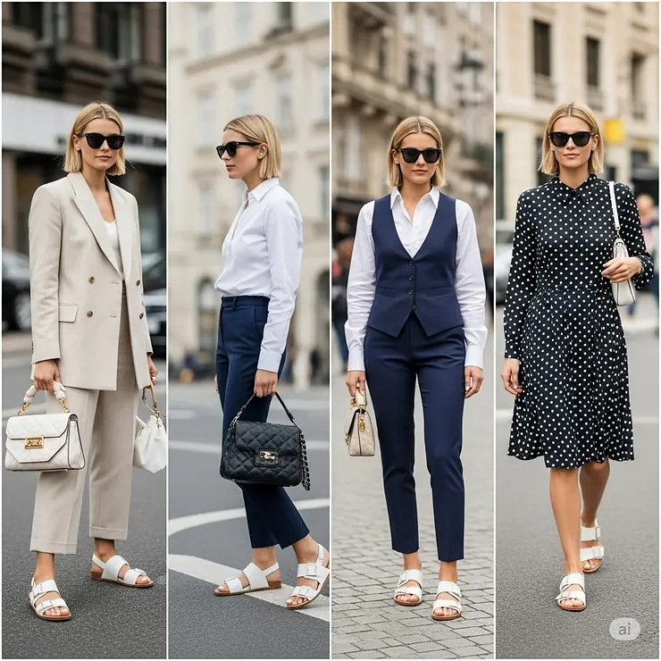 Versatile white designer sandals styled with various outfits, demonstrating their adaptability for any occasion.