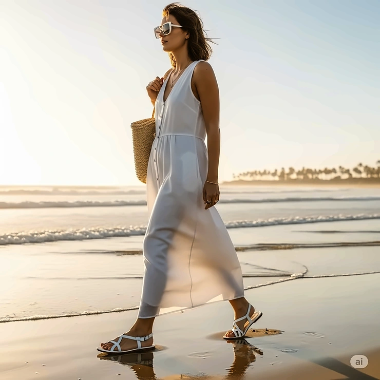 A stylish woman walks on a sunny beach, showcasing a pair of comfortable white flat sandals perfect for summer. white flat sandals for women