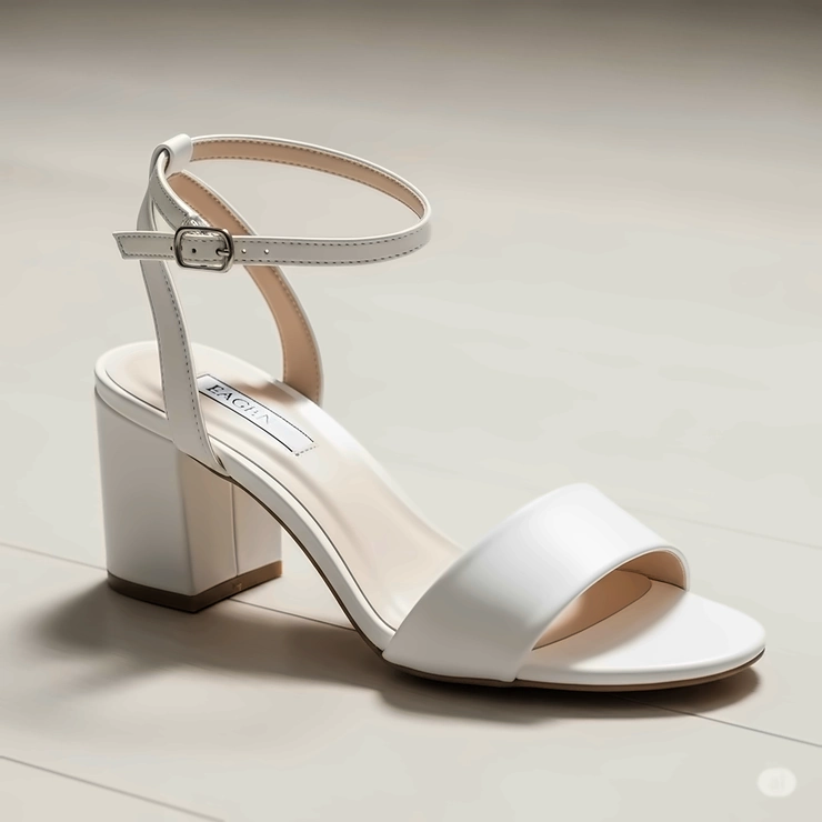 Elegant white block-heeled sandals for summer, featuring a delicate ankle strap, suitable for dressier occasions.