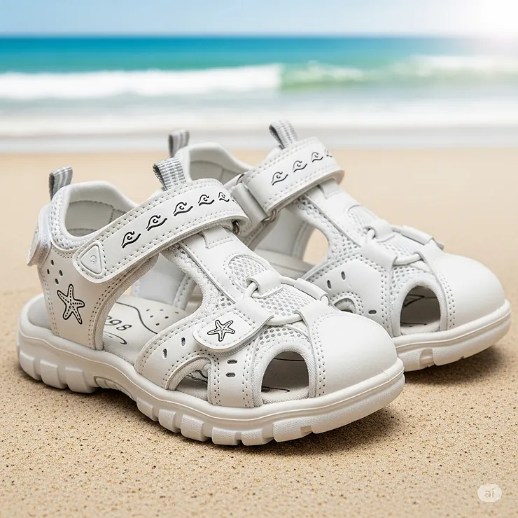 Playful white summer sandals for kids, featuring durable materials and a secure closure, perfect for active children.