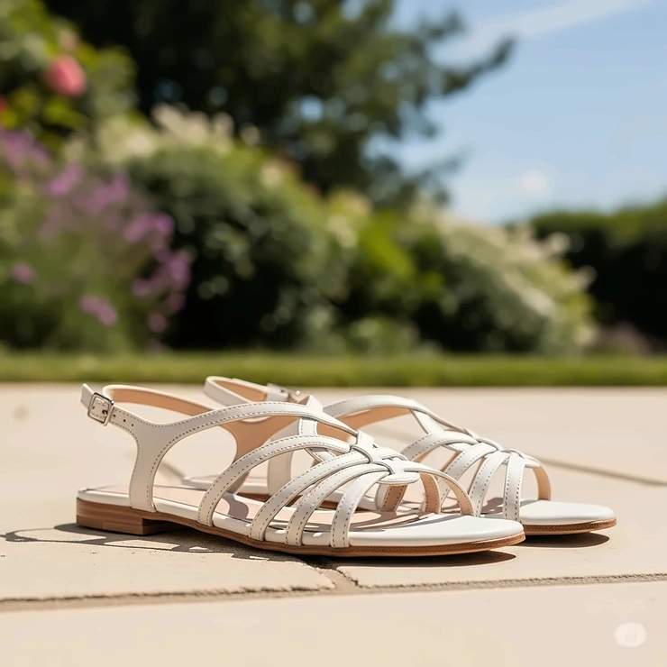 Elegant pair of white leather sandals on a summer day, perfect for casual or dressed-up looks.