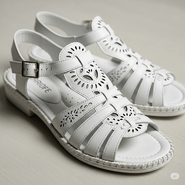 High-quality white leather summer sandals with intricate detailing, highlighting craftsmanship and style.
