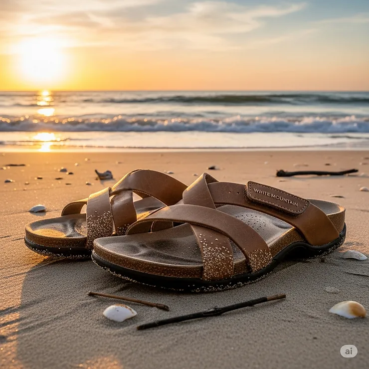 White Mountain footbed sandals resting on a sandy beach, showcasing their ideal design for relaxed outdoor adventures.