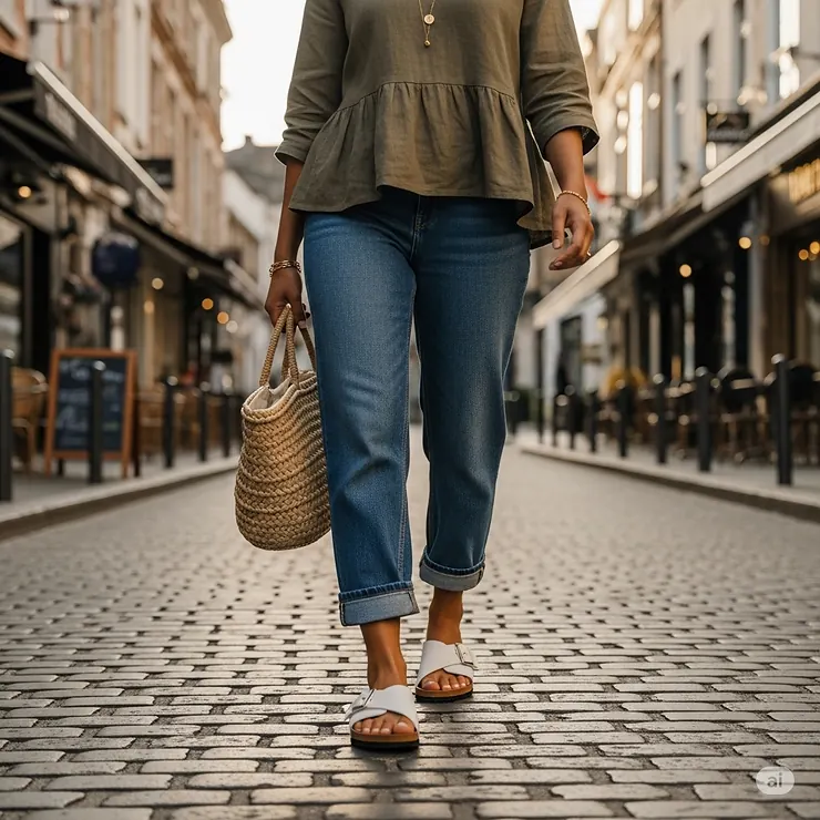 Person walking comfortably in White Mountain footbed sandals, demonstrating their versatile style for everyday wear.
