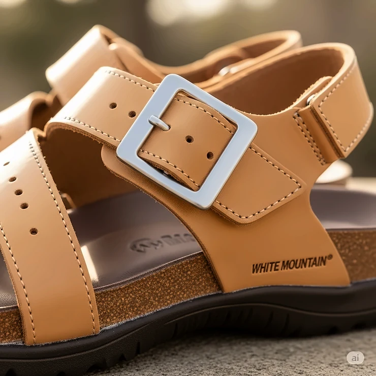 Detail shot of the adjustable straps and sturdy buckle on White Mountain footbed sandals, ensuring a secure and customizable fit.