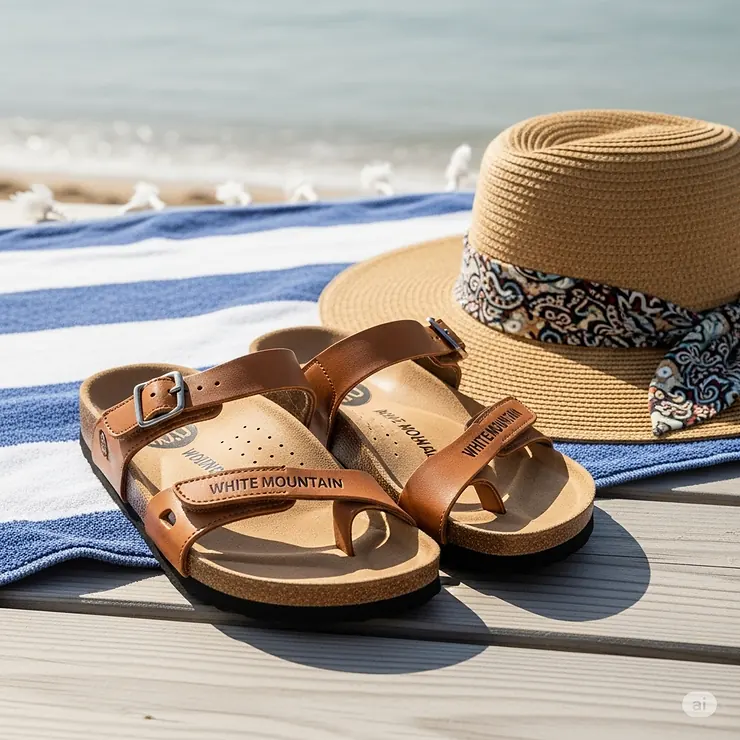 A pair of White Mountain footbed sandals paired with a sun hat, illustrating a complete and casual summer ensemble.