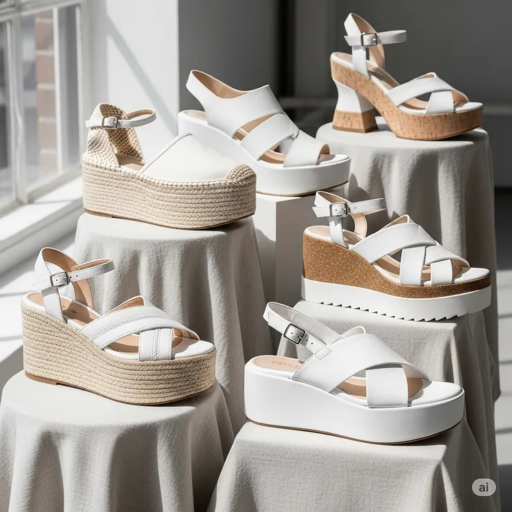 Collection of different white platform sandal styles, including espadrille, wedge, and flatform designs, offering a variety of choices.